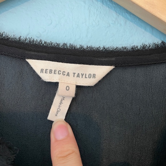 rebecca taylor lace sheer silk lace long sleeve top black button up raw hem 0 - Picture 5 of 8